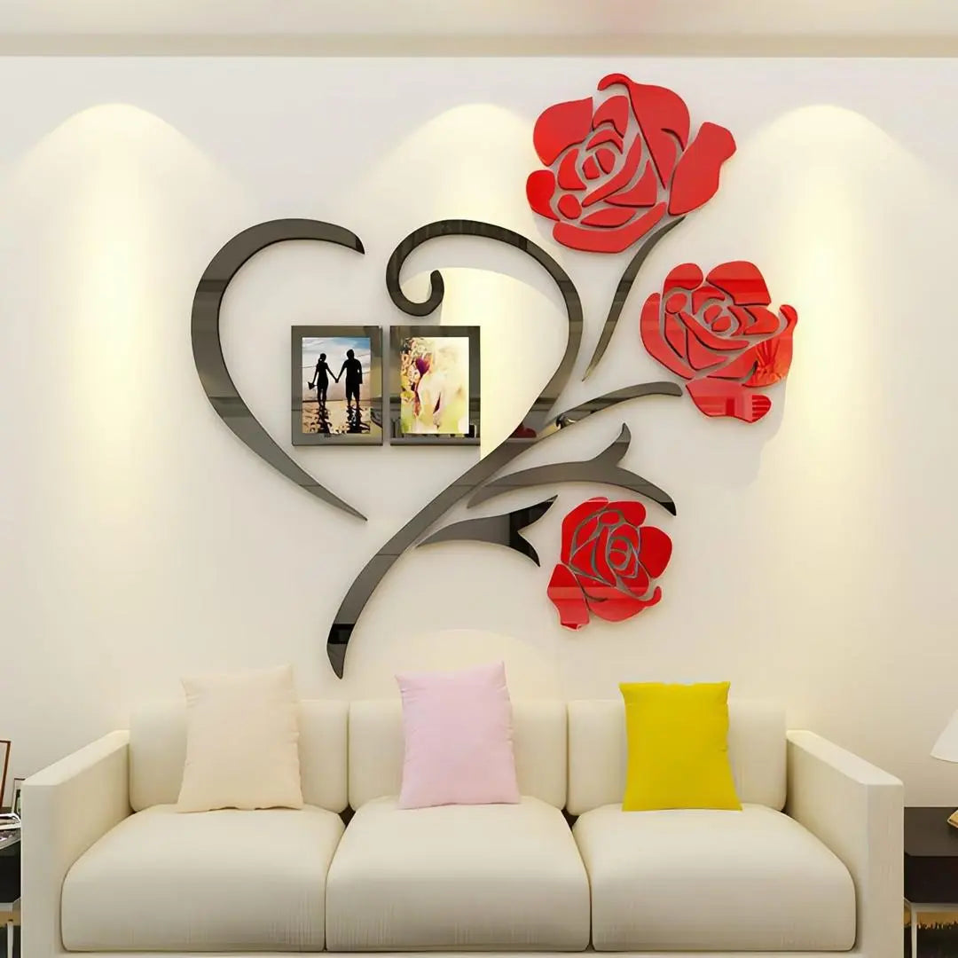 Heart Shaped Red Flower Wooden Wall Art with Photo Frame Sohni Diwar